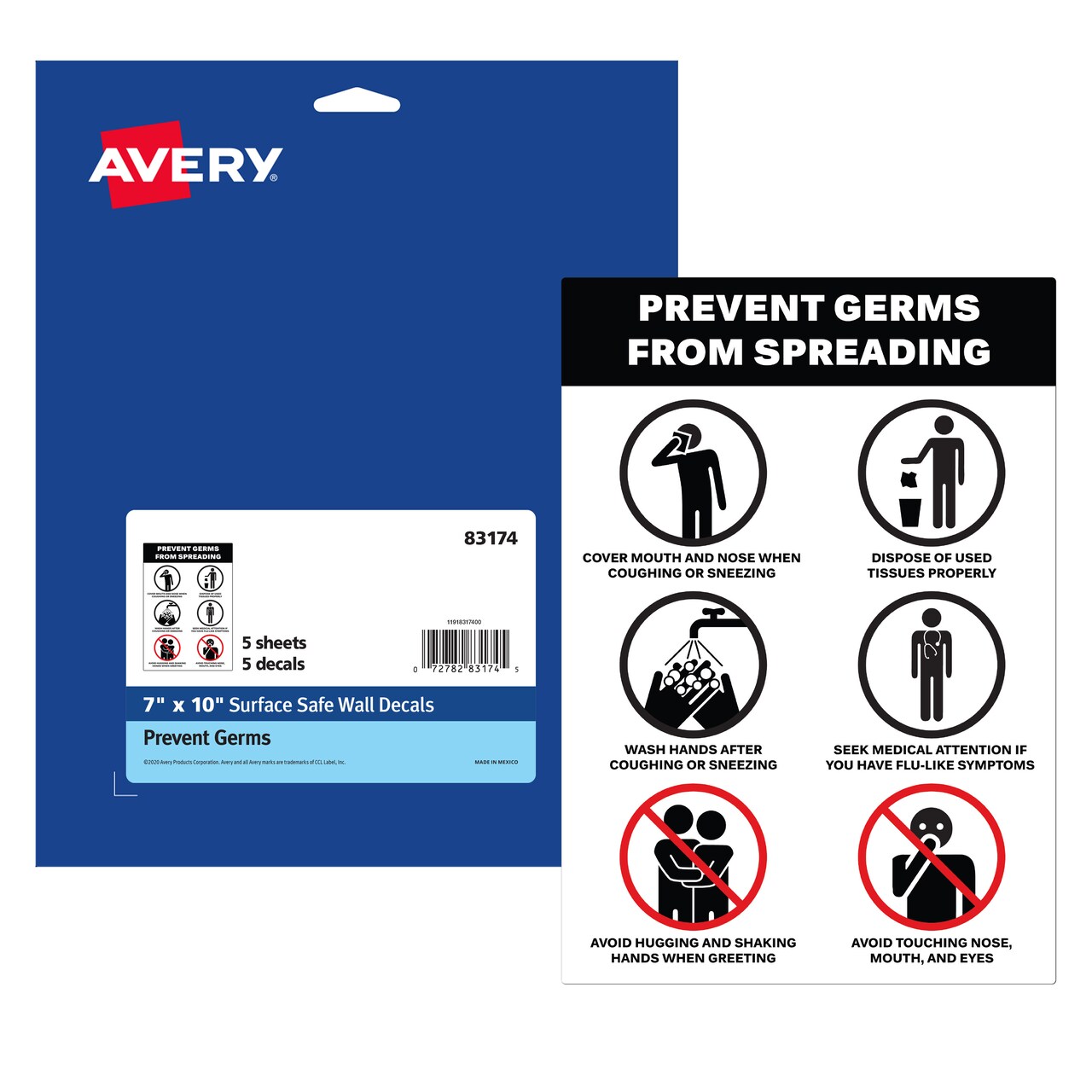 Avery "Prevent Germs from Spreading" Preprinted Surface Safe Wall Decals, 7" x 10", 5 Removable Decals (83174)